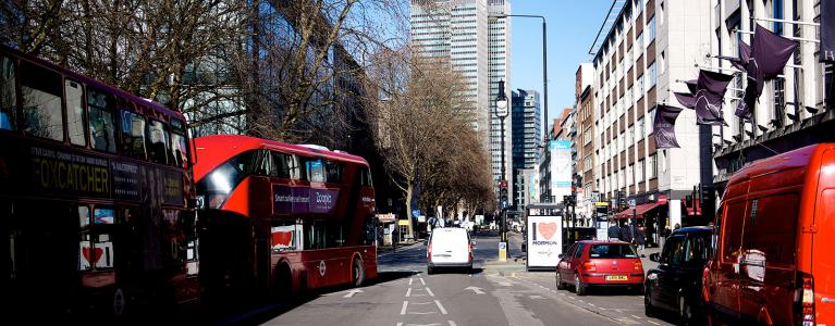 Red buses on a London street