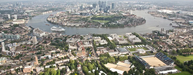 Aerial view of Greenwich and Canary Wharf