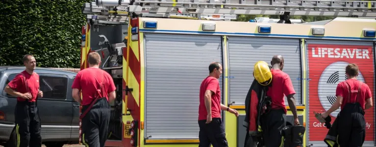 Fire engine and fire fighters