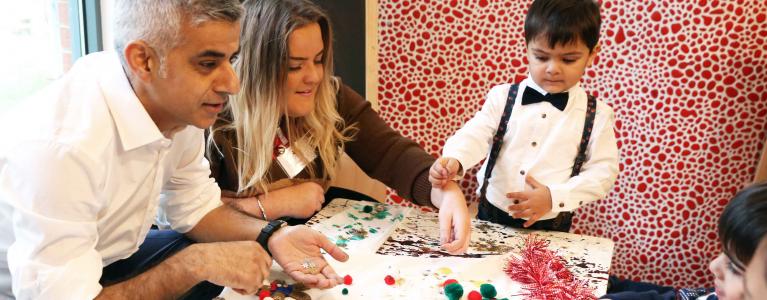 Mayor of London Sadiq Khan makes Christmas crafts with the children at Magdalen Nursery