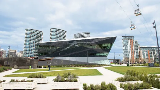 City Hall at the Crystal, exterior view of the building and gardens