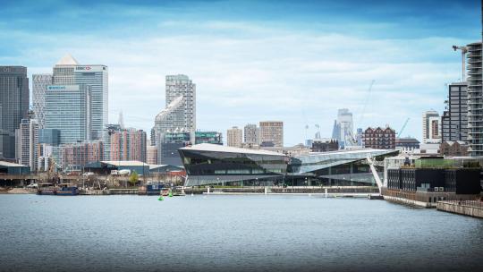 Skyline view of City Hall headquarters at Crystal Building, London Borough of Newham