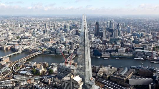 Birdseye view of London, overlooking the Shard and London Bridge area of the River Thames.