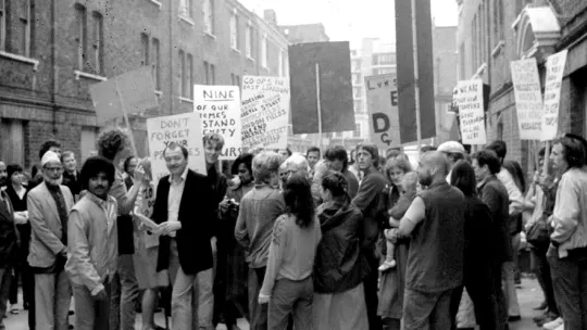 Bangladeshi Squatters in black and white image of people protesting on the street