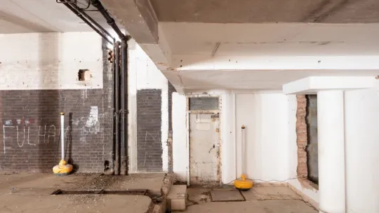 Photo of Nourish Hub under construction from inside showing empty internal space with columns and exposed brickwork