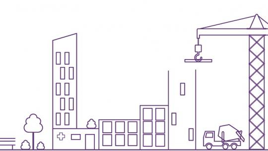 Graphic of four buildings next to a truck and crane.