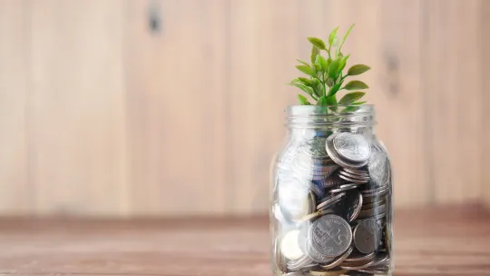 a jar full of coins and a plant