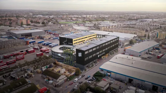 An aerial render view of Industria industrial workspace in Barking