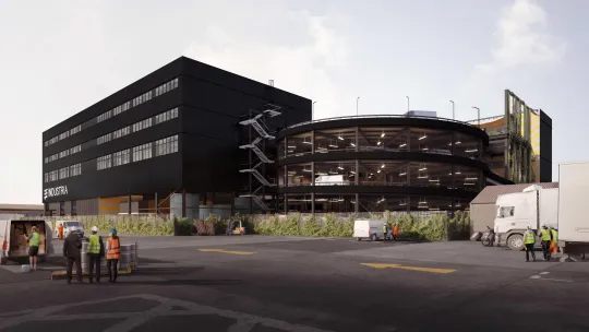 A computer rendered street view of Industria, industrial workspace in Barking showing vehicular ramp
