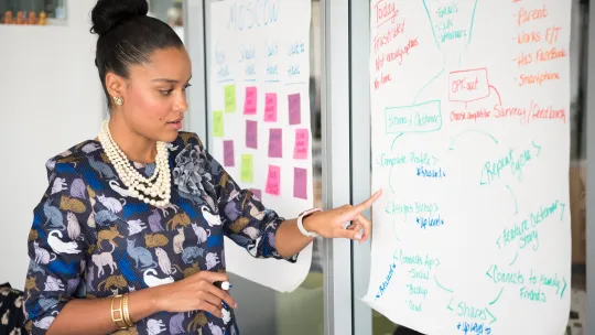A person standing by a whiteboard, reading what is written