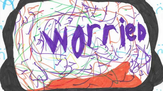 Artwork showing the word worried on a scrawl background 