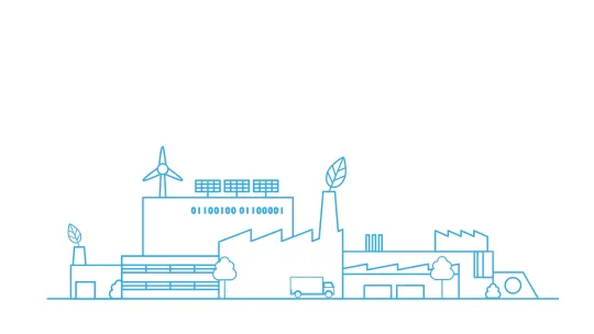 Blue outline graphic of factory