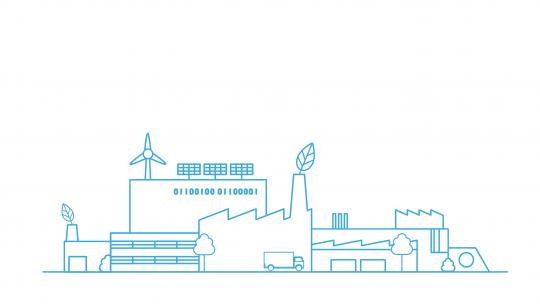 Blue outline graphic of factory