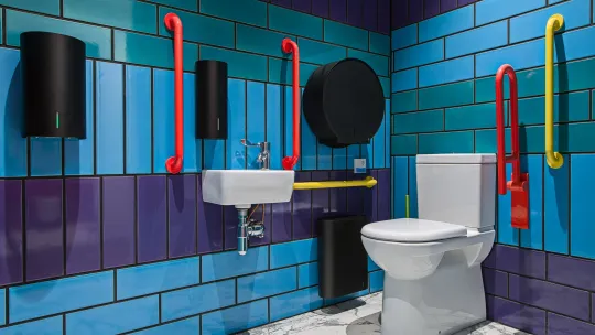 Studio Voltaire colourful mosaic tiled bathroom interior designed by artists Joanne Tatham and Tom O'Sullivan