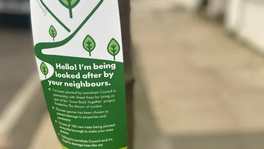 Close-up of a label attached to the stake of a newly planted tree providing information on the Grow Back Together programme. The label is titled “Spreading Tree Love in Lewisham” and further read “Hello! I’m being looked after by your neighbours.” A few bullet points of text follow providing more insight into the project, accompanied by a QR code.