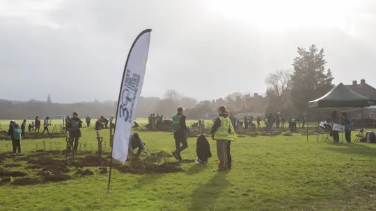Many people are standing and working in a field (Ashburton Playing Fields). The field has three areas of mulch where saplings are being planted. People are planting the saplings with shovels or with their hands. Some people are wearing high-vis jackets while others are wearing ‘Trees for Cities Volunteer’-branded green bibs. There is a ‘Trees for Cities’ flag in the foreground and a gazebo in the background.