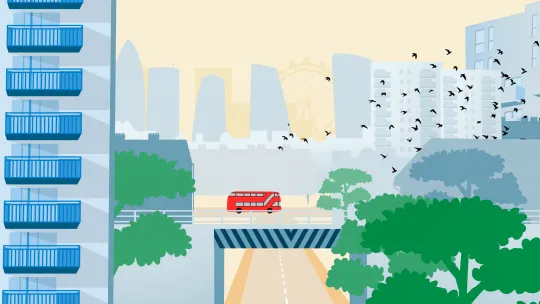 Illustration of a red bus on a bridge with trees in the foreground and high rised buildings with a flock of birds flying past in the background. London city skyline is in the distance.