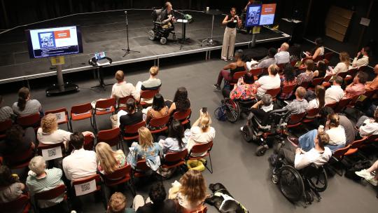 View of stage and audience from up in the gallery. Rows of chairs and wheelchairs line the audience, with a guide dog lying at the end of a row.  One speaker addresses the audience on stage, while a BSL interpreter signs.