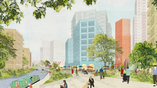 Illustration of a canalside neighbourhood, featuring high rise buildings, people sitting alongside the canal and sat at a cafe