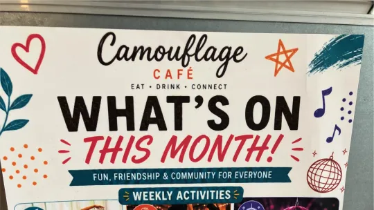 Peabody Community Trust Moorings Social Club ‘what’s on’ poster promoting activities taking place at their Camouflage café