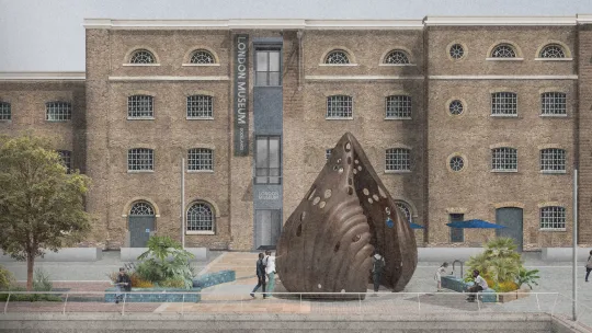 An architectural rendering of the London Museum Docklands, showing its historic brick façade and planned placement of The Wake, London's memorial to victims of transatlantic slavery, which is shaped like a cowrie shell and situated in the waterfront plaza, surrounded by seating, plants, and visitors.