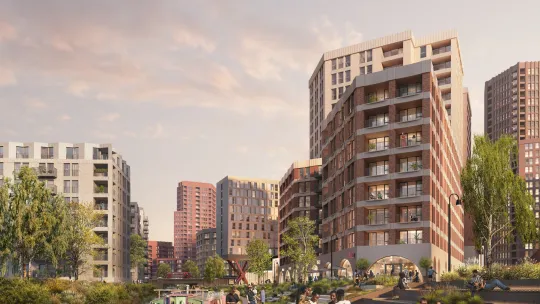 CGI of a canalside distric