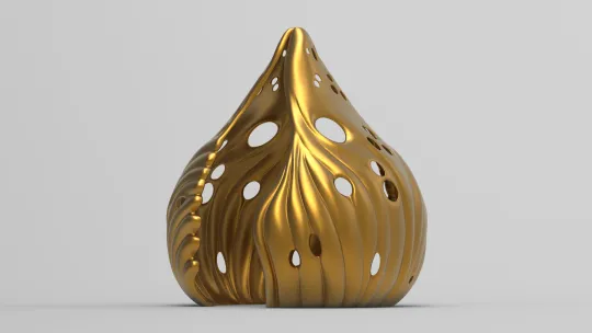 A 3D rendering of The Wake, golden, cowrie shell-shaped sculpture with flowing ribbed contours and multiple circular openings, displayed against a plain light grey background.