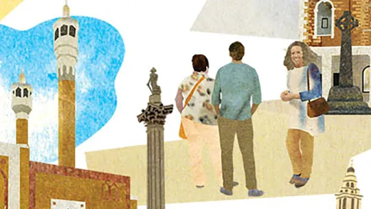 Drawing of people chatting on the street