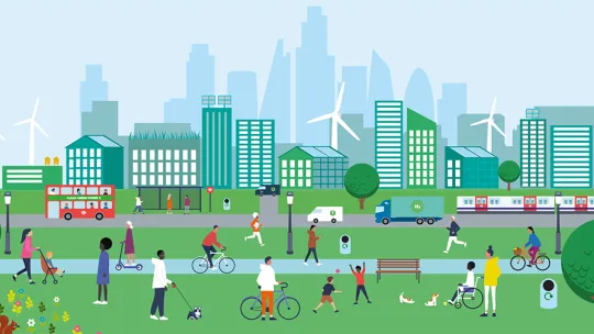 A cityscape scene, which includes children playing, green roofs, solar panels and wind turbines. People are using green forms of transport including cycles and electric buses.