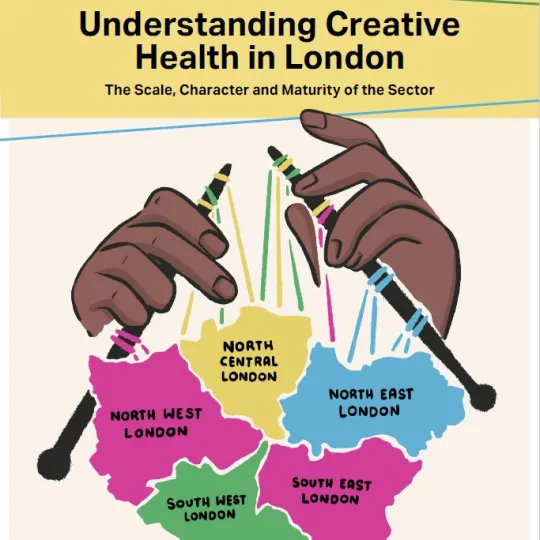 An illustration of two hands knitting a map of London. Text reads ‘ Understanding Creative Health in London: the scale, character and maturity of the sector’