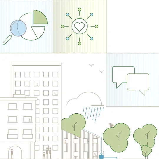 Crop from the cover of the London Urban Forest Plan 2025 Actions Update. Shows icon and cityscape diagram with trees.
