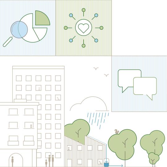 Crop from the cover of the London Urban Forest Plan 2025 Actions Update. Shows icon and cityscape diagram with trees.