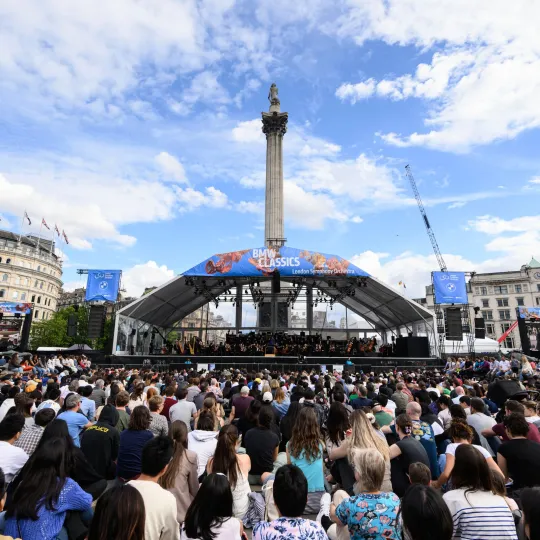 Audience and large stage on Trafalgar Square credit: Doug Peters/PA Media Assignments