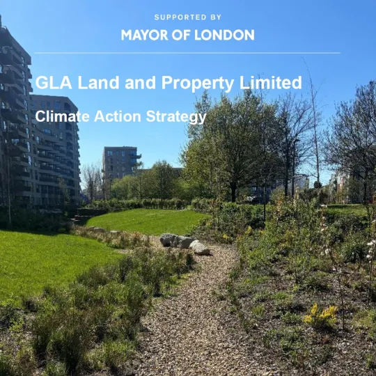 Front cover of the GLAP Climate Action Strategy showing housing development with a path and green space.