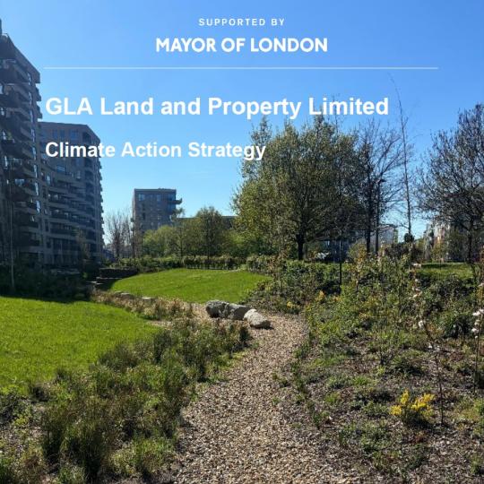 Front cover of the GLAP Climate Action Strategy showing housing development with a path and green space.