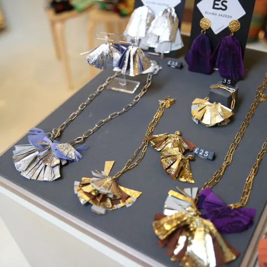necklaces on display in shop