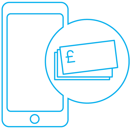 Infographic of a phone and money in blue