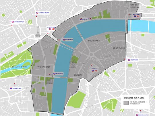 A map outlining and shading in grey where London's New Year's Eve fireworks display will be held.