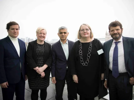 Dr Carlos Manuel Castro (Councillor of Civil Protection, Lisbon); Dr Fiona Twycross (Deputy Mayor for Fire and Resilience, London); Sadiq Khan (Mayor of London); Magdalena Bosson (Chief Executive Officer, City of Stockholm); and Albert Batlle (Deputy Mayor for Prevention and Security, Barcelona) stand on the balcony at London City Hall prior to the inaugural conference of CTPN.