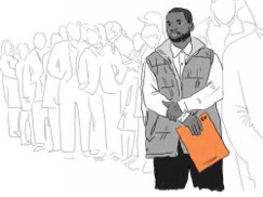 Drawing of a man in a queue