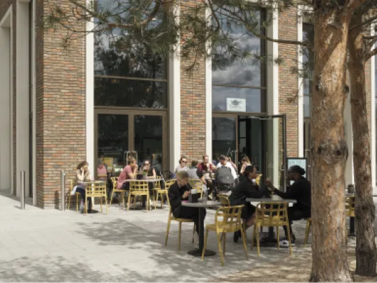 Outdoor coffee in a leafy plaza