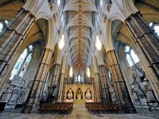 Inside Westminister Abbey a view of the chapel and ceiling interior.