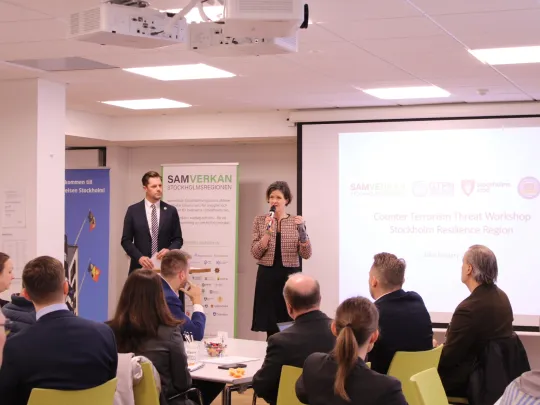 Governor of Stockholm County, Anna Kinberg Batra, provides opening remarks at the joint CTPN and US Secret Service Threat Workshop in Stockholm as hosted by Mikael Jeppson, Chief Operating Officer for the Stockholm Resilience Region. This preceded a second session in Dublin.