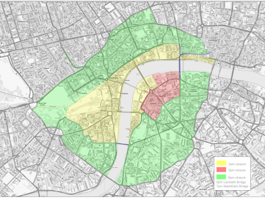 Colour-coded map of central London showing viewing areas and arrival routes for New Year's Eve fireworks. Map information provided in text below.