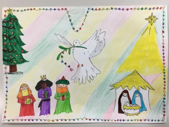 A colourful drawing of a Christmas tree, the 3 Magi, a white dove and Joseph, Mary and the baby Jesus under a yellow star