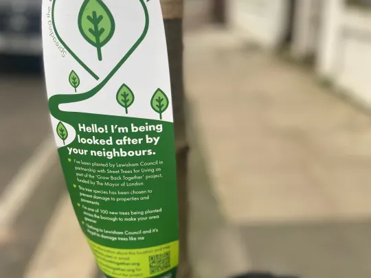 Close-up of a label attached to the stake of a newly planted tree providing information on the Grow Back Together programme. The label is titled “Spreading Tree Love in Lewisham” and further read “Hello! I’m being looked after by your neighbours.” A few bullet points of text follow providing more insight into the project, accompanied by a QR code.