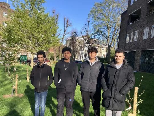 Spring-time photograph of four young men standing in front of new trees, within the greenspace of a housing estate.