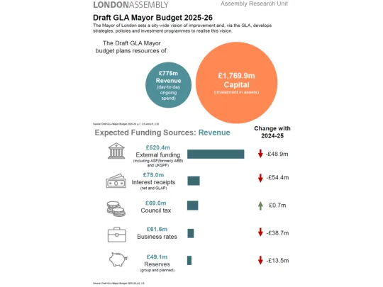 Draft GLA Mayor Budget 2025-26 £520.4m External funding (including ASF(formerly AEB) and UKSPF) £69.0m Council tax £49.1m Reserves (group and planned) £61.6m Business rates £75.0m Interest receipts (net and GLAP) Expected Funding Sources: Revenue -£48.9m £0.7m -£38.7m Assembly Research Unit The Mayor of London sets a city-wide vision of improvement and, via the GLA, develops strategies, policies and investment programmes to realise this vision.