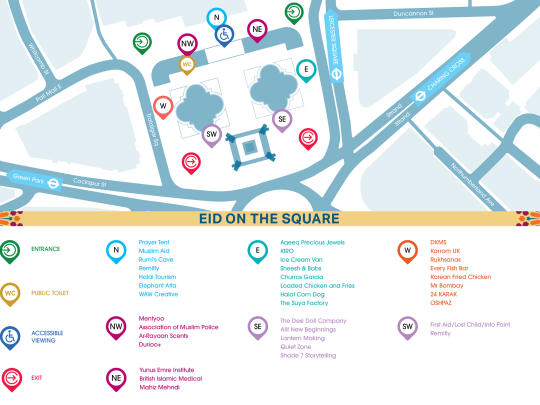 Site map of Trafalgar Square for Eid on the Square 2025 event, showing entrance, exit, toilets, accessible viewing and stalls
