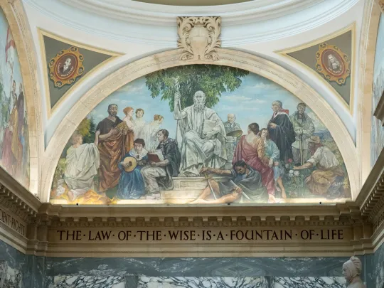The Old Bailey. Text reads 'The Law of the Wise is a Fountain of Life'